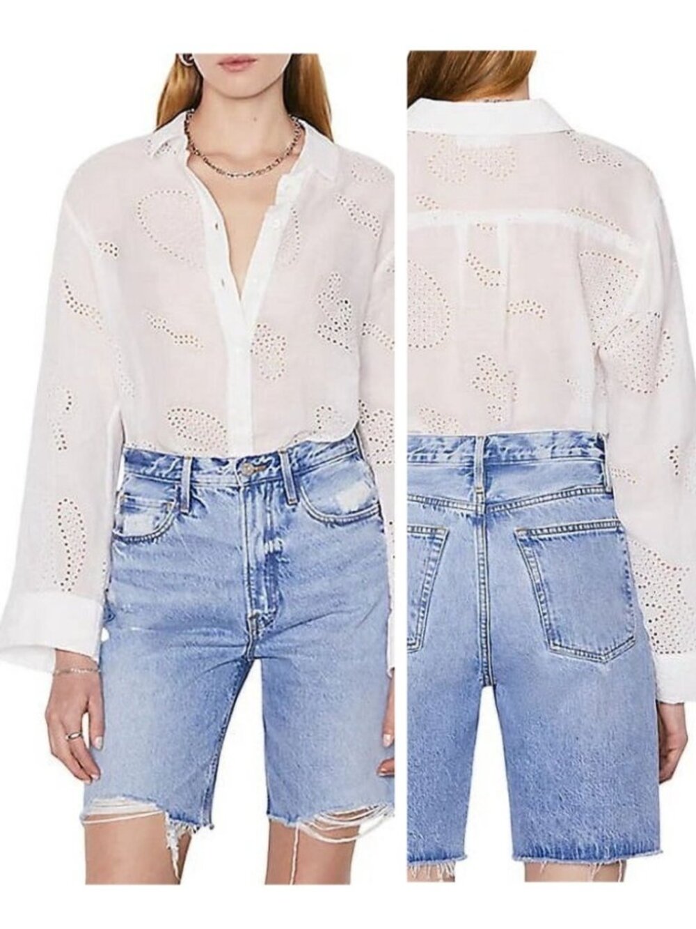 FRAME Embroidered Eyelet Button-Up Ramie Shirt/Tunic, BLANC (WHITE), Size M, NWT